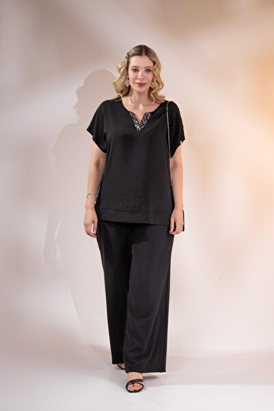 Roxxlen 3330538 Γυναικεία μπλούζα με παγιέτες με γιακά μεγάλου μεγέθους Μαύρη