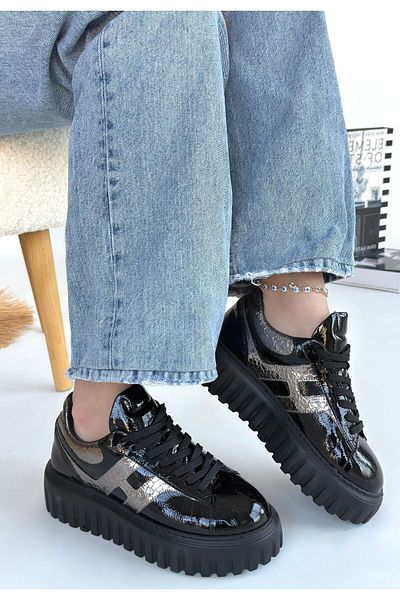 Zerenyus Gesti Premium Black Patent Leather Platinum Thick Sole Lace-Up Sports Shoes