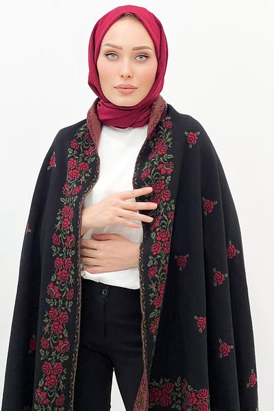 fiore fashion Rose Patterned Knitwear Shoulder Shawl Black