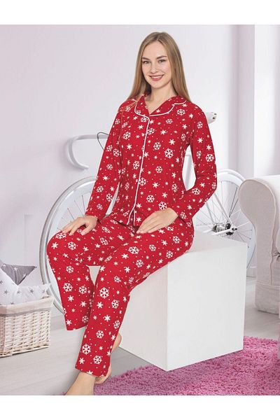 tusem butik homewear Women's Cotton Suede Fabric Red Snowflake Patterned Shirt Collar Buttoned Pajama Set