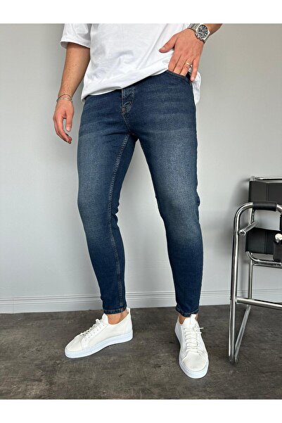 KağanKY Blugi slimfit cu șlefuire albastru închis