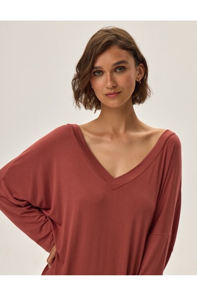 ESOTIQ Women's Sleep Shirt Nightgown Long Sleeve V-Neck Oversize Feminine & Elegant | Jannet