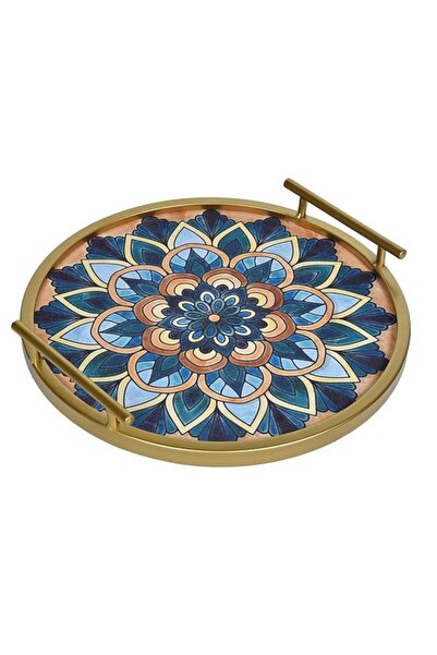 divendi-ro Tavă decorativă de servire cu inel și mânere, metal, rotundă, model mandala, Ø35 cm, auriu/albastru
