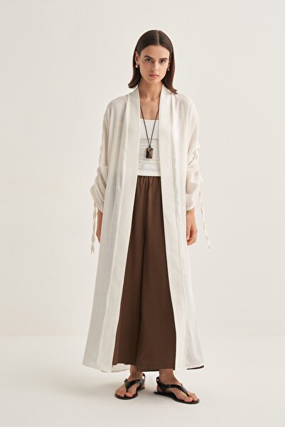 EBU Prive Women's Organic Cotton Drawstring Detailed Abaya Ecru