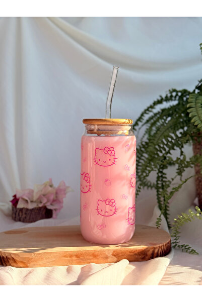 REMİ DESİGN Hello Kitty Desenli Bambu Kapaklı, Pipetli Cam Soğuk Kahve Bardağı