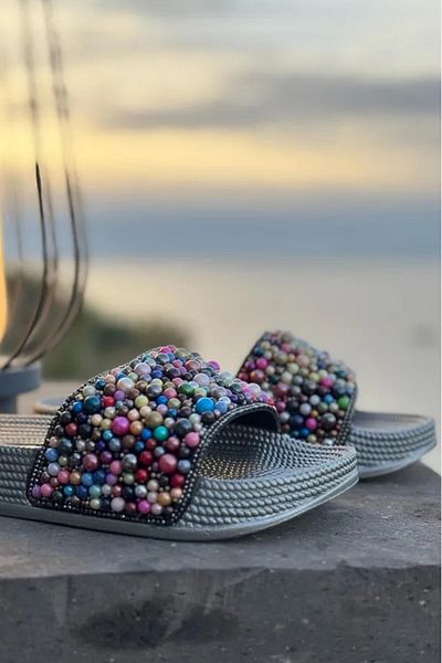 Pienn Women's Colorful Beaded Silver Summer Slippers