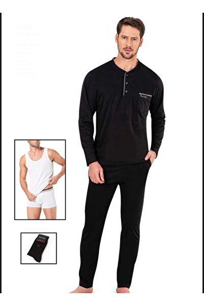 Pierre Cardin Erkek Siyah Penye Pijama Takımı Kutulu Damat Çeyiz Seti +1 Çift Çorap Hediyeli