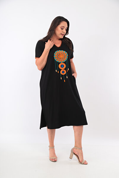 Şans Women's Plus Size Black, Collar and Sleeve Mouth Shepherd Stitching Detailed, Embroidered Dress 65N39079
