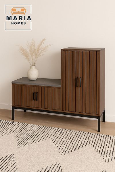 MARIA HOMES Modern Brown Wooden Storage Cabinet with Bench – 140×35×100 cm
