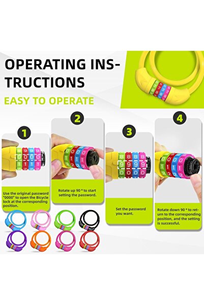 Generic Bicycle Combination Lock – 4-Digit Code Bike Lock (10 x 650 mm) – Anti-Theft Cable Lock - Yellow