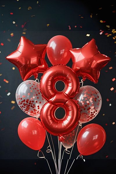 PARTİAVM 8 Year Old Red Number Balloon Birthday Party Set Red Color Balloon Red Sequin Transparent Balloon