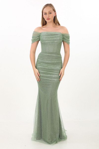 PİENNAR Madonna Collar Leya Evening Dress with Draped Front