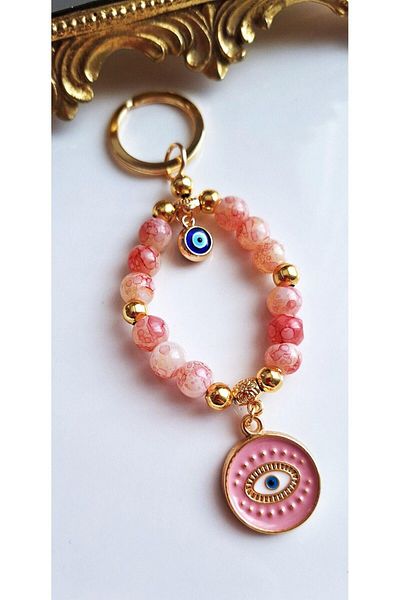 Svc Aksesuar Gift Evil Eye Beaded Moire Pink Keychain 11.5 cm