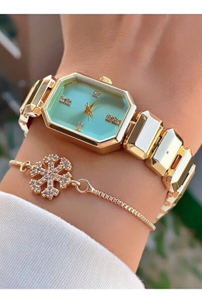 Merand Gold Color Rectangle Case Green Dial Women Wrist Watch and Rhinestone Heart Bracelet Set