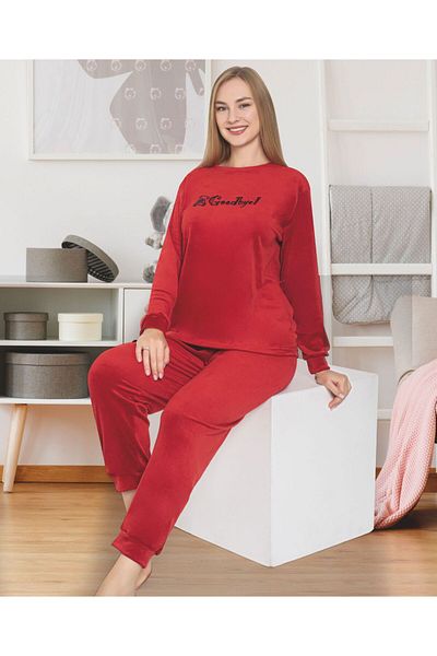 tusem butik homewear Women's Cotton Velvet Fabric Red Goddbye Pattern Winter Pajamas Set