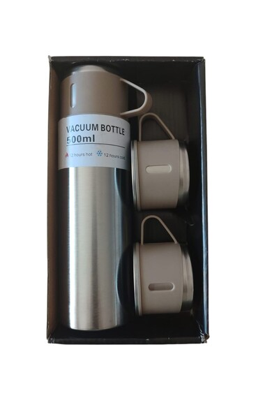 FAMEMUS ACCESSORY ترمس ستيل 500 مل مع كوبين احتياطيين للحفاظ على المنتج الساخ...