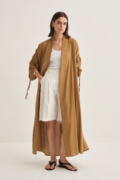 EBU Prive Women's Organic Cotton Drawstring Detailed Abaya Walnut Shell