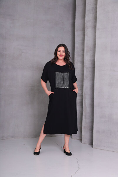 Şans Women's Plus Size Black, Pearl and Stone Embroidered, Crew Neck, Pocket Viscose Dress 65N39076