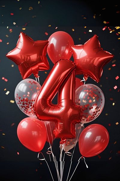 PARTİAVM 4 Year Old Red Number Balloon Birthday Party Set Red Color Balloon Red Sequin Transparent Balloon