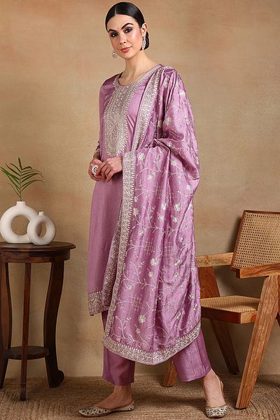ZERE UAE Lavender Silk Blend Machine Woven Straight Suit Set with Dupatta