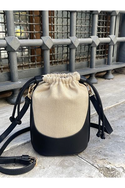 nura Black Women's Linen Mini Drawstring Hand and Shoulder Bag