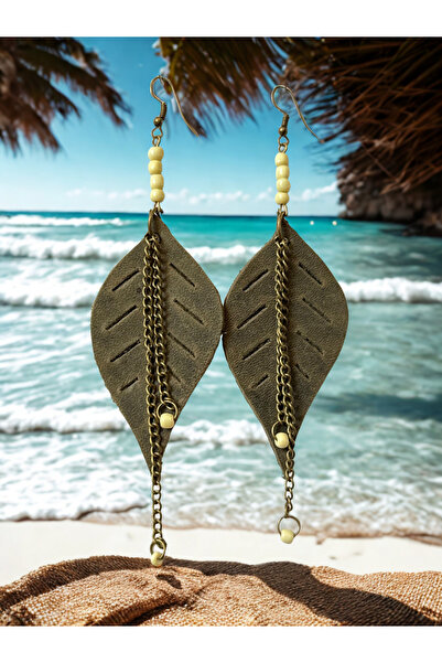 Nenya Haki Yaprak Desenli Hakiki Deri Küpe