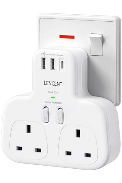 LENCENT Double Plug Adaptor with 1 USB C and 2 USB Ports, 2 Way Wall Plug Extender, Multi Socket Ext