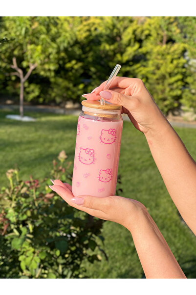 REMİ DESİGN Hello Kitty Desenli Bambu Kapaklı, Pipetli Cam Soğuk Kahve Bardağı