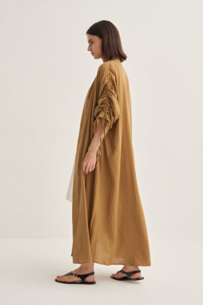 EBU Prive Women's Organic Cotton Drawstring Detailed Abaya Walnut Shell