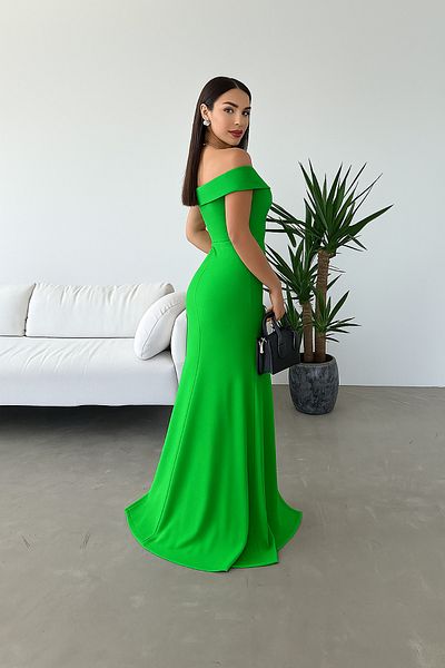 Deafox Light Green Crepe Fabric Short Sleeve Boat Neck Slit Detail Maxi Length Evening Dress