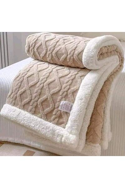 OEM Double bed fur blanket, Tricot pattern, Plain, 200x230cm, Dark Cream