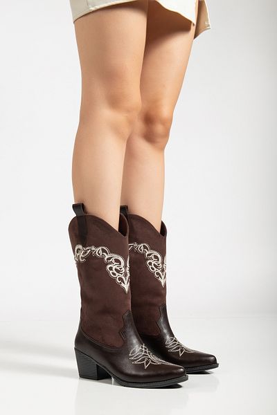 MS SUGAR SHOES Women's Vegan Leather Suede White Embroidered Floral Flower Detailed Embroidered Western Cowboy Boots