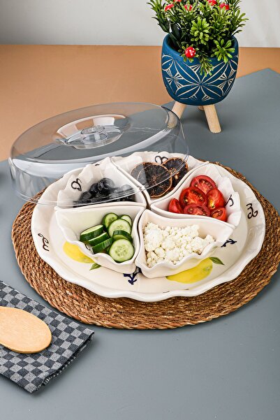 Akkoyunlu home 6 Piece Cake Dish Lemon Pattern Presentation Breakfast Set Sauce Bowl, Snack Bowl Set with Lid