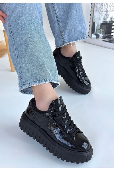 Zerenyus Gesti Premium Black Patent Leather Thick Sole Lace-Up Sports Shoes