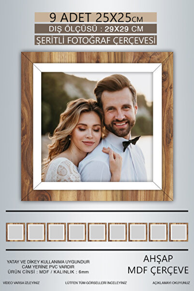 Bytwo 9 Adet 25x25 Çerçeve - Ahşap Beyaz Şeritli Fotoğraf Çerçevesi - Mdf Çerçeve - Kare Çerçeve
