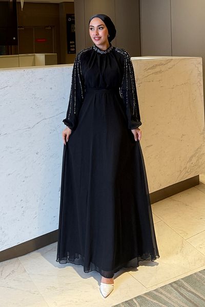Tesettür Diyarı Sleeve and Collar Embroidered Evening Dress - Janjan Black
