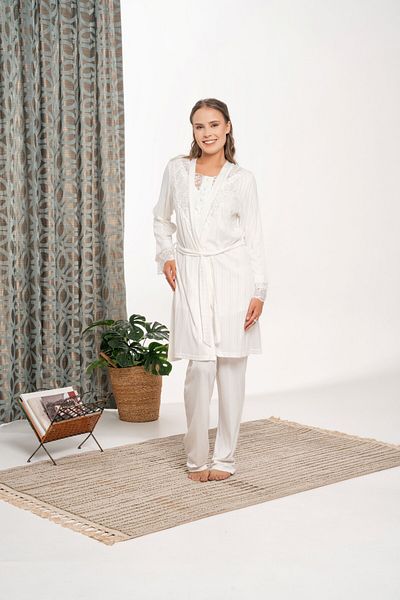 LOHOUSE Women's Ecru Jacquard Lace Special Design Maternity Maternity Pajama Set with Dressing Gown