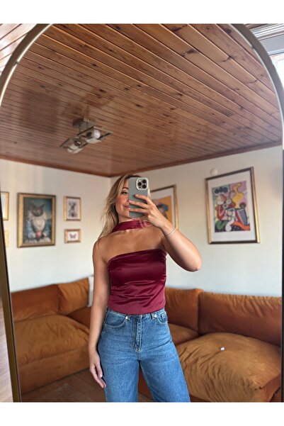 Butik Bordo saten straplez bluz