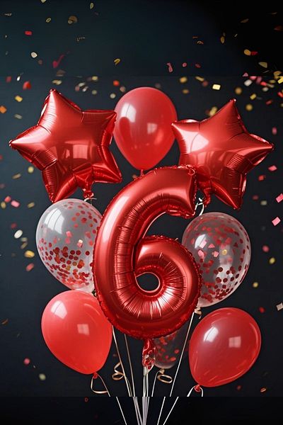 PARTİAVM 6 Year Old Red Number Balloon Birthday Party Set Red Color Balloon Red Sequin Transparent Balloon