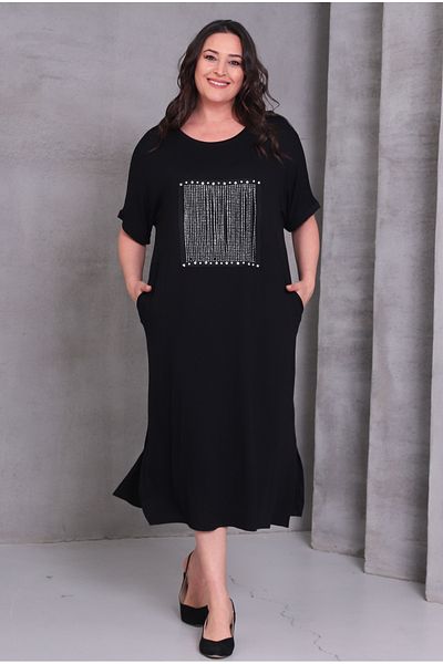 Şans Women's Plus Size Black, Pearl and Stone Embroidered, Crew Neck, Pocket Viscose Dress 65N39076