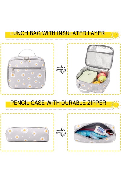 OricareFain Set ghiozdan școlar cu penar și geantă, imprimeu cu margarete, rezistent la apă, 43 x 29 x 16 cm, Albastru