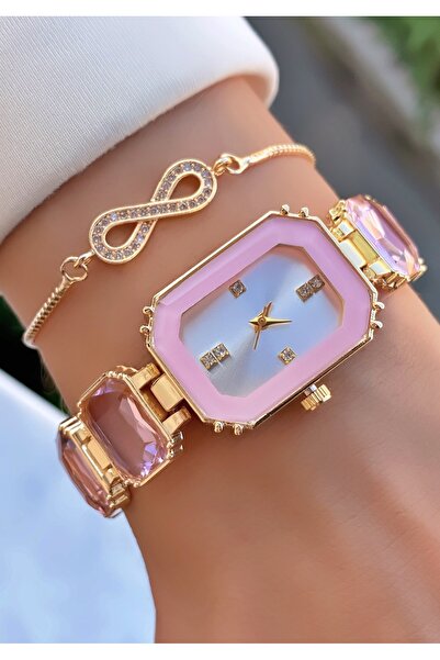 Merand Pembe Taşlı Kadın Kol Saati ve Sonsuzluk Bileklik Seti – Altın Kaplama...