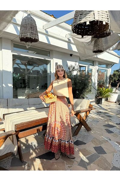 REFİŞ BUTİK VE AKSESUAR Long Seersucker Skirt with Elastic Waist Etnic Pattern