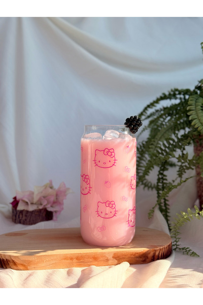 REMİ DESİGN Hello Kitty Desenli Bambu Kapaklı, Pipetli Cam Soğuk Kahve Bardağı