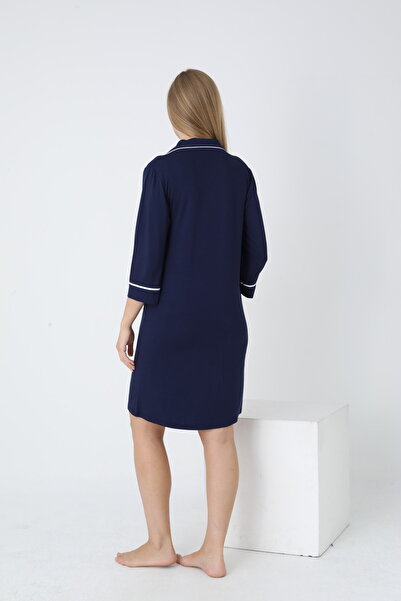 Miss Dünya Lissa Navy Blue Shirt Collar Front Buttoned Maternity and Maternity Nightgown