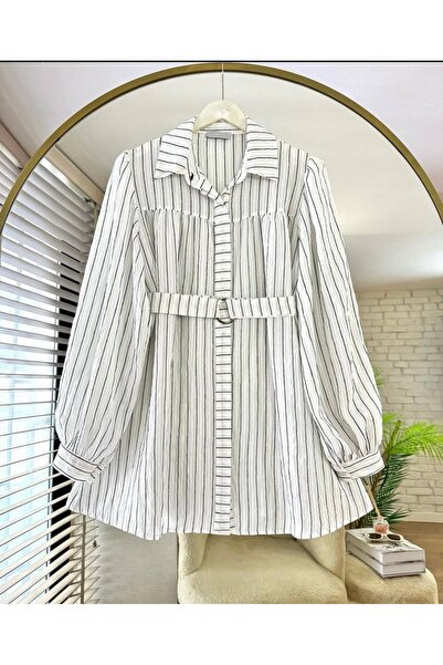 Bahar Altundemir Women's Striped Draped Fabric Hijab Shirt White Belted Shirt