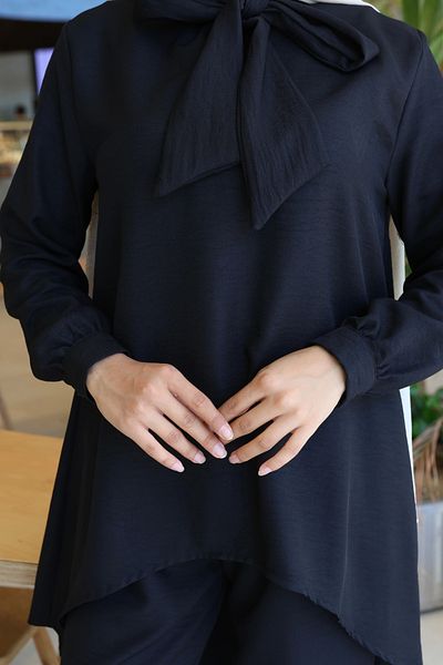 modessia Women's Black Bow Sofya Linen Double Set