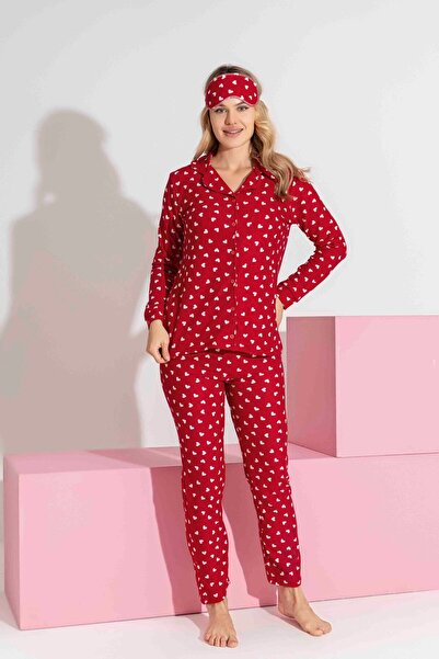 Mine style anne-kız -kışlık süet kırmızı kalp desenli önden düğmeli pijama takımı