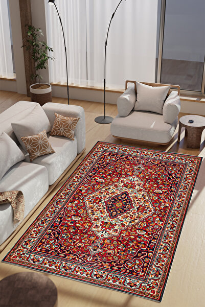 Charmbi Kızıl Beyaz Otantik Desenli Makinede Yıkanabilir Salon Halısı Yatak O...