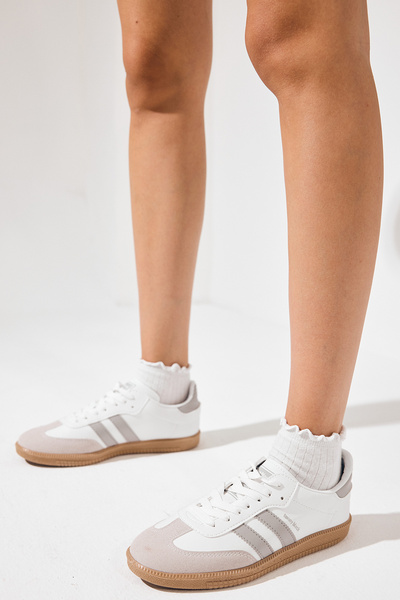 PowerSpeed Unisex Beyaz Gri Termo Taban Yanı Şeritli Bağcıklı Spor Ayakkabı